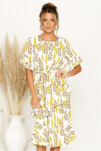 Стилна дамска рокля с О-образно деколте в бял цвят