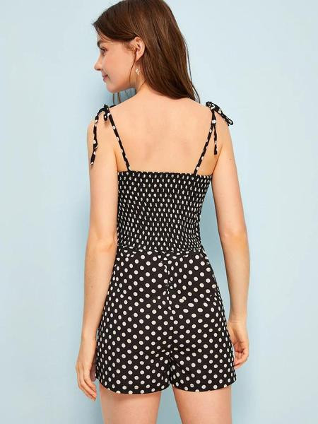 Γυναικεία ολόσωμη φόρμα καλοκαιρινή πουά σε μαύρο χρώμα