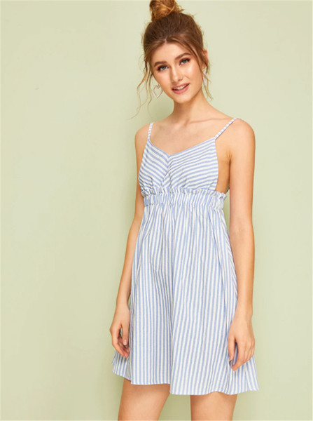 Rochie de dama in dungi cu decolteu in V si bretele subtiri