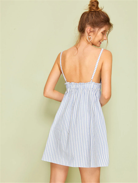 Rochie de dama in dungi cu decolteu in V si bretele subtiri