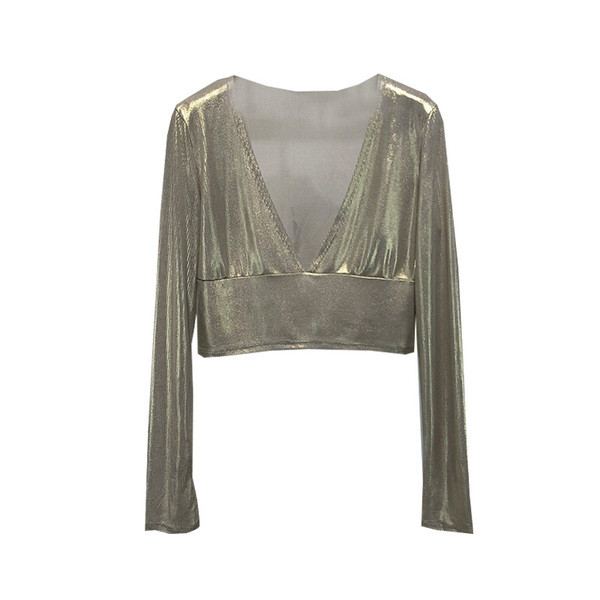 Bluză scurtă de damă cu decolteu în V și mâneci lungi de culoare argintie