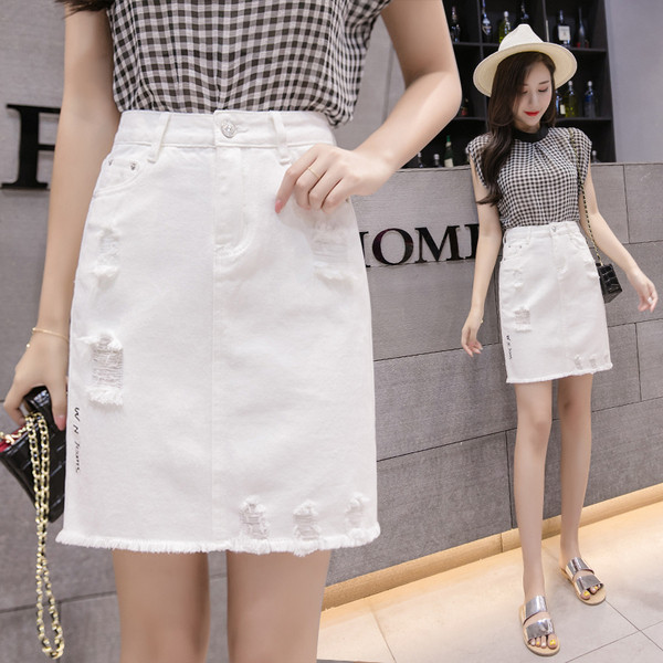 Fusta de denim scurtă, de actualitate, cu talie înaltă, în alb