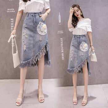 Fusta de dama din denim asimetrica cu franjuri