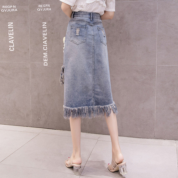 Fusta de dama din denim asimetrica cu franjuri