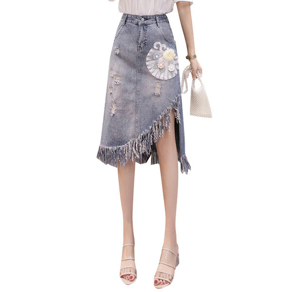 Fusta de dama din denim asimetrica cu franjuri