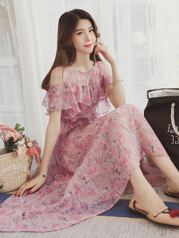 Rochie moderna de dama lunga in trei culori cu motive florale