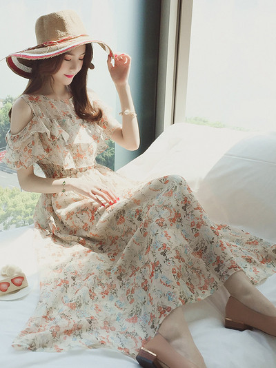 Rochie moderna de dama lunga in trei culori cu motive florale