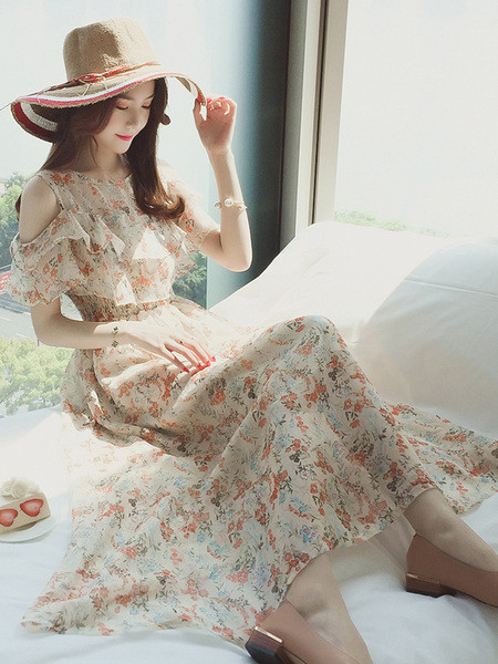 Rochie moderna de dama lunga in trei culori cu motive florale