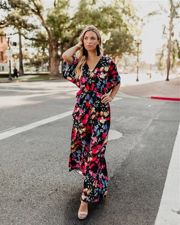 Rochie lungă colorată de damă până la 3XL și mânecă lotus