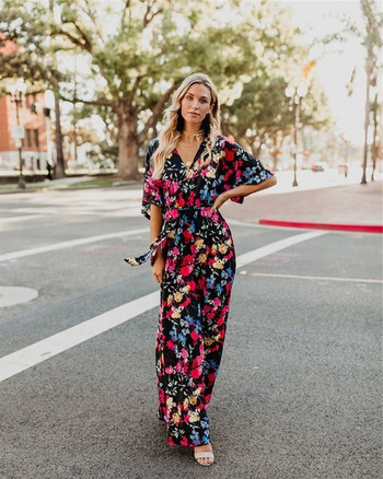 Rochie lungă colorată de damă până la 3XL și mânecă lotus