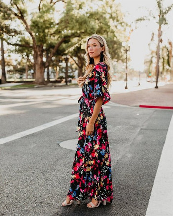 Rochie lungă colorată de damă până la 3XL și mânecă lotus