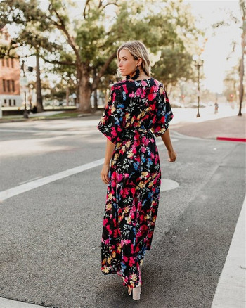 Rochie lungă colorată de damă până la 3XL și mânecă lotus