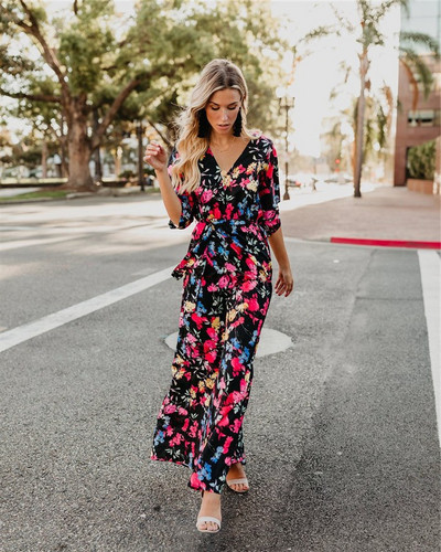 Rochie lungă colorată de damă până la 3XL și mânecă lotus