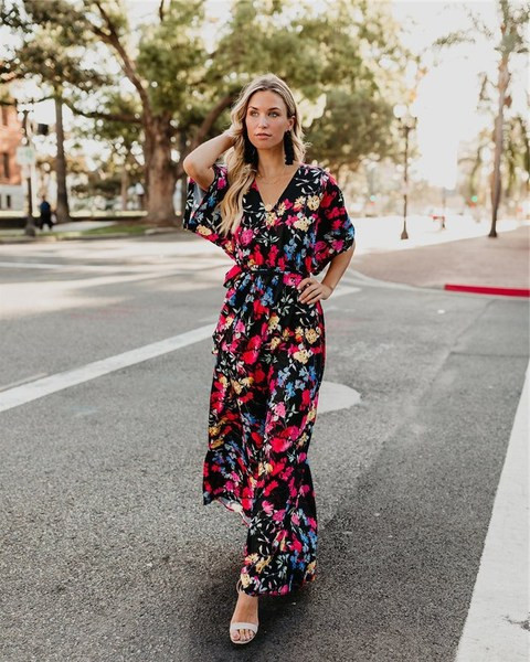 Rochie lungă colorată de damă până la 3XL și mânecă lotus