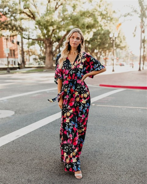 Rochie lungă colorată de damă până la 3XL și mânecă lotus