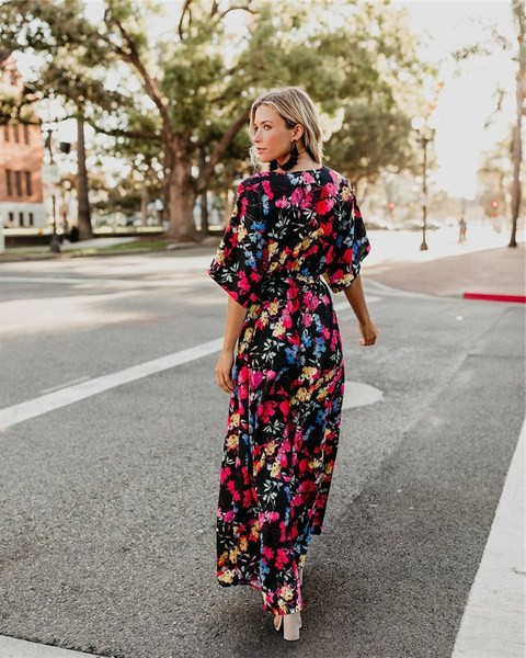 Rochie lungă colorată de damă până la 3XL și mânecă lotus