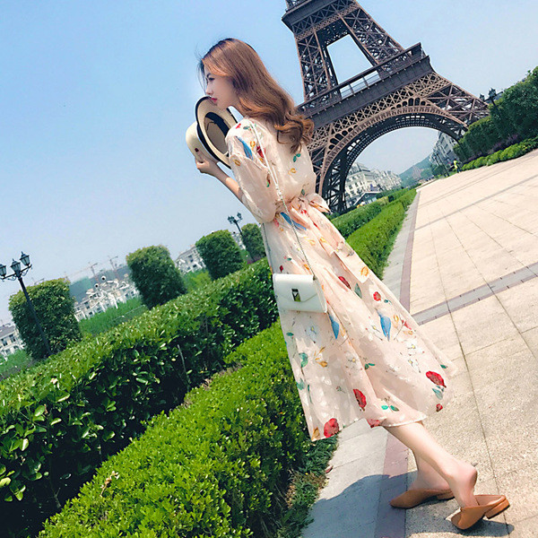 Ежедневна дамска дълга рокля с флорален мотив 