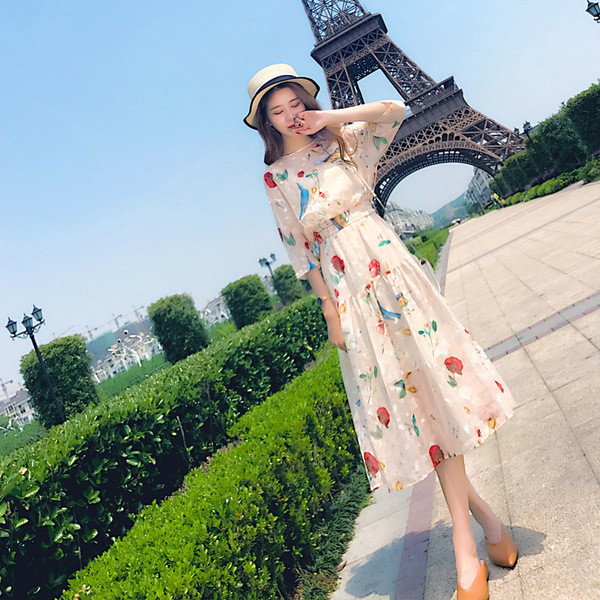 Ежедневна дамска дълга рокля с флорален мотив 