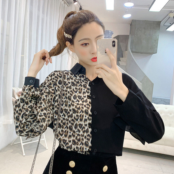 Cămașă modernă de damă cu model leopard în negru și verde