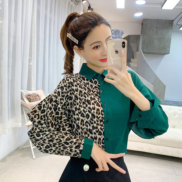 Cămașă modernă de damă cu model leopard în negru și verde