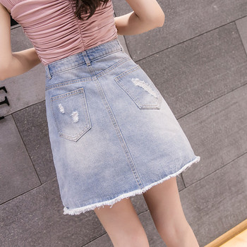 Fusta de dama moderna din denim cu motive rupte si imprimeu de culoare deschisa