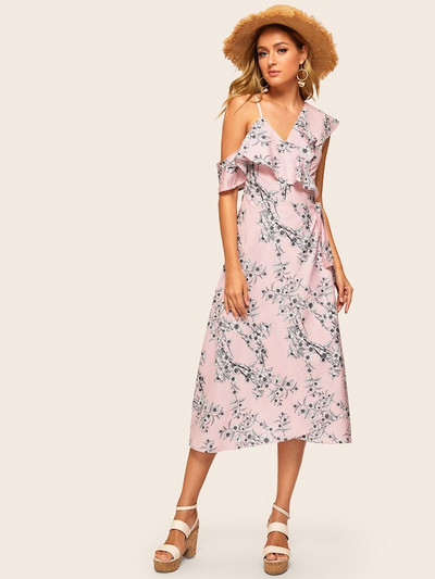 Rochie eleganta de dama in roz cu model floral