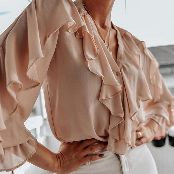 Cămașă elegantă de damă cu decolteu în V în albastru și maro