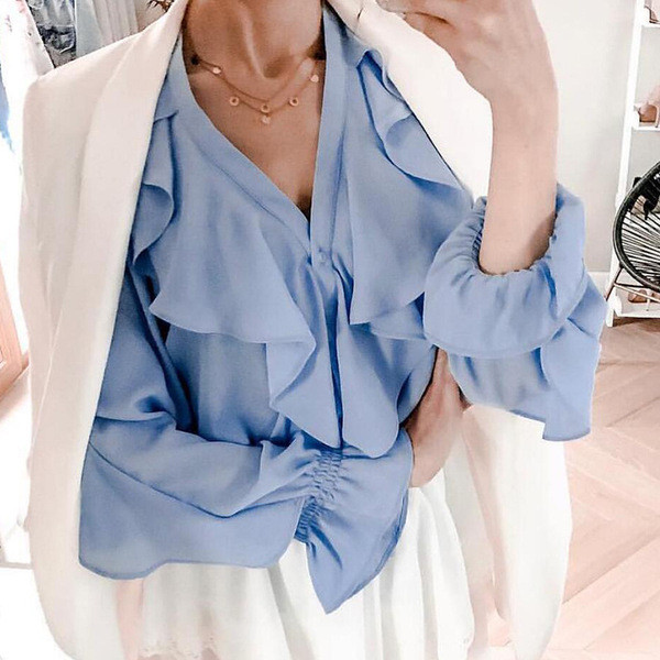 Cămașă elegantă de damă cu decolteu în V în albastru și maro