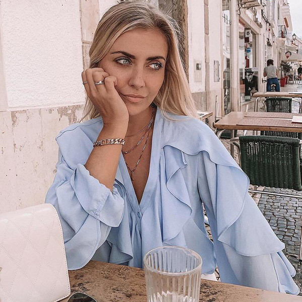 Cămașă elegantă de damă cu decolteu în V în albastru și maro