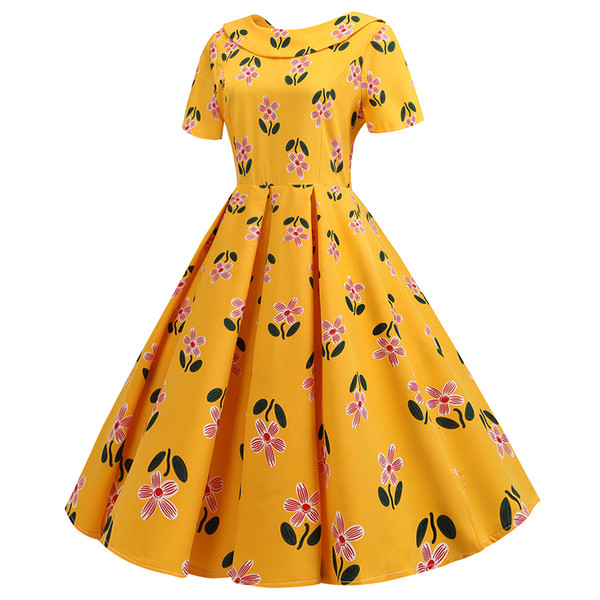 Rochie moderna de dama cu maneci scurte si model floral in galben