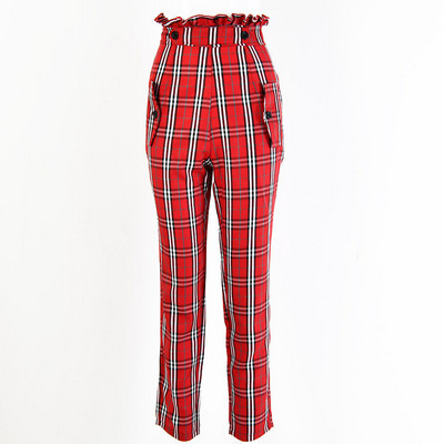 Актуален дамски кариран панталон с висока талия в кафяв и червен цвят