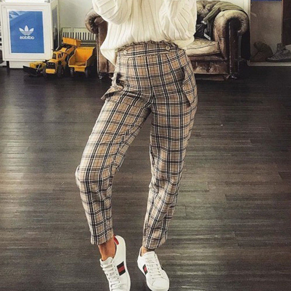 Актуален дамски кариран панталон с висока талия в кафяв и червен цвят