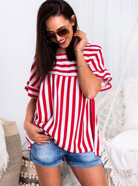 Дамска раирана риза с къс ръкав в два цвята