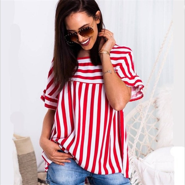 Дамска раирана риза с къс ръкав в два цвята