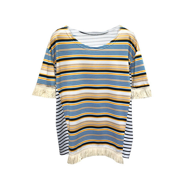 Bluză de damă în dungi, cu mâneci scurte și franjuri