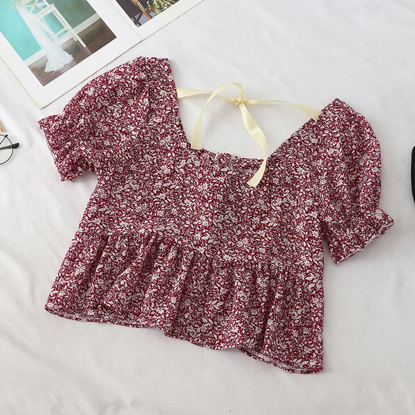 Bluza scurta de dama cu model floral si cravate in mai multe culori