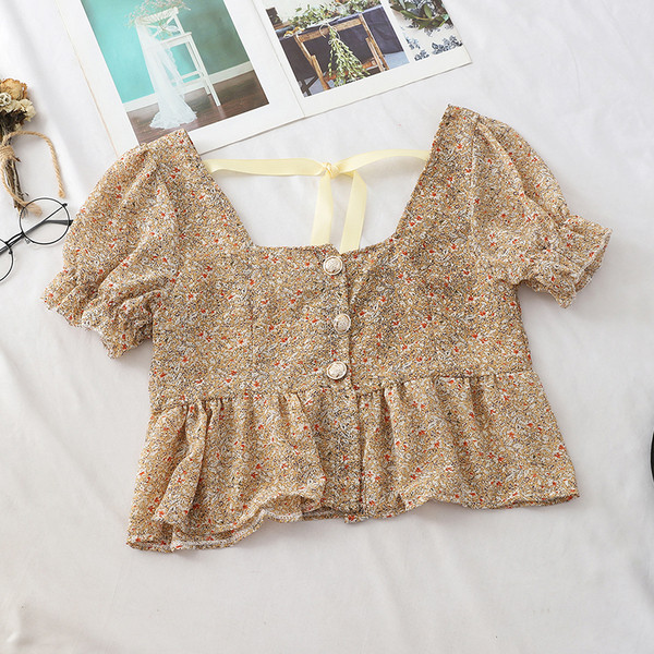 Bluza scurta de dama cu model floral si cravate in mai multe culori