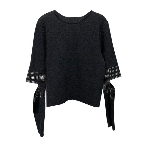 Bluză de damă cu mânecă lungă, cu fantă și pietre de culoare neagră