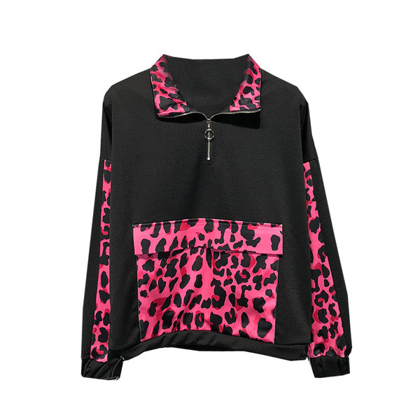 Hanorac de damă cu mânecă lungă în negru și model animal