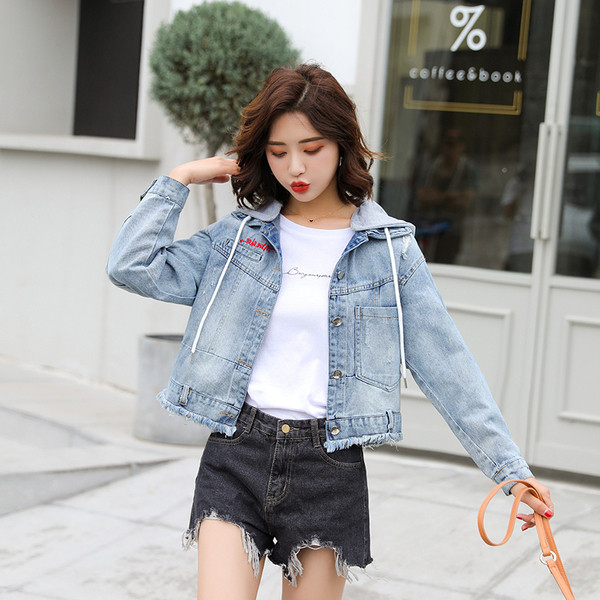 Jachetă de damă din denim cu glugă de culoare albastră