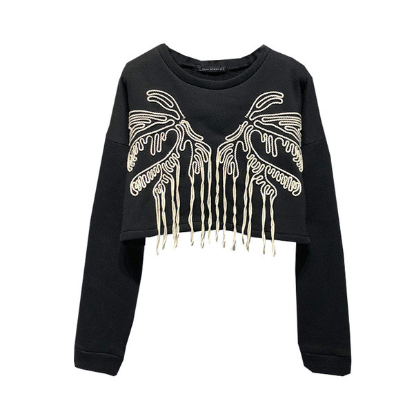 Дамски къс суичър с дълги ръкави ,бродерия и ресни