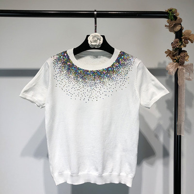 Bluză de damă cu mâneci scurte, tricot subțire cu paiete