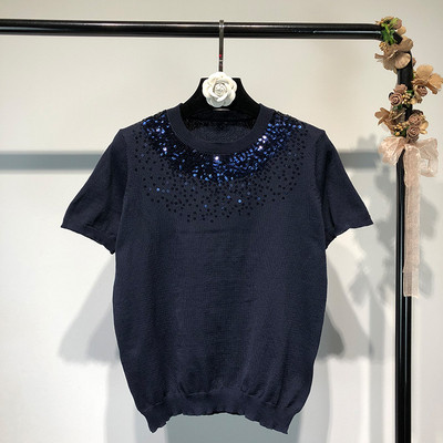 Bluză de damă cu mâneci scurte, tricot subțire cu paiete