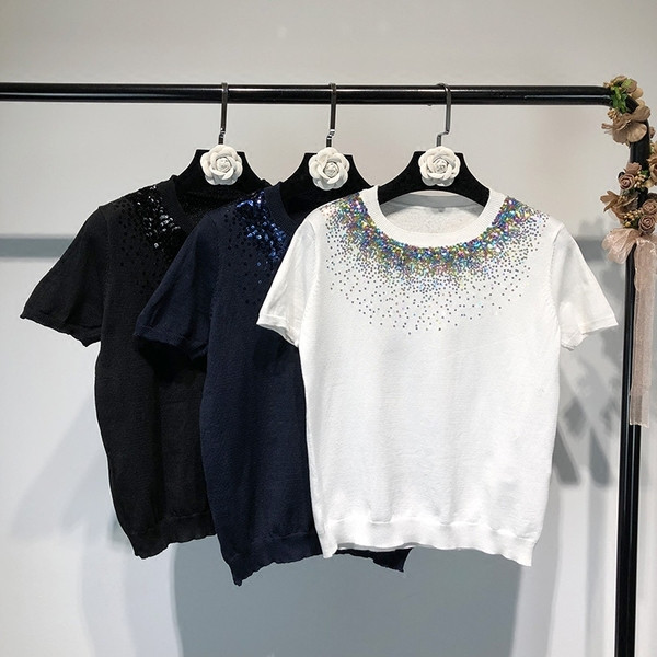 Bluză de damă cu mâneci scurte, tricot subțire cu paiete