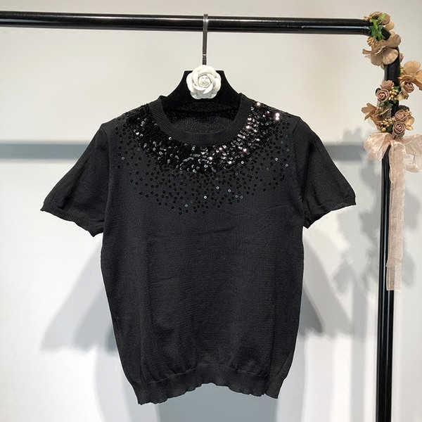 Bluză de damă cu mâneci scurte, tricot subțire cu paiete