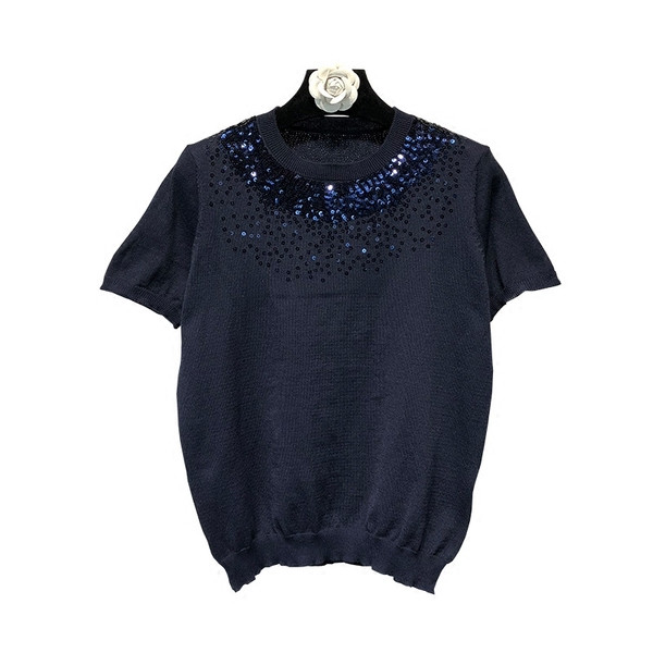 Bluză de damă cu mâneci scurte, tricot subțire cu paiete