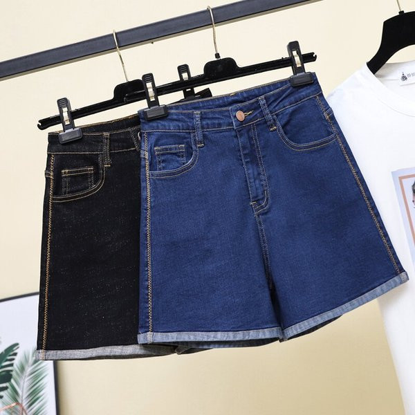 Blugi scurti de dama cu talie inalta si marimi pana la 5XL in albastru si negru