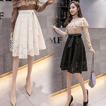 Стилна дамска дантелена пола с висока талия в бял и черен цвят