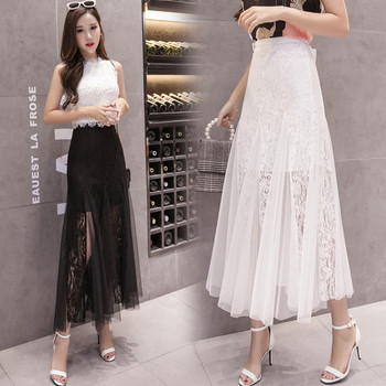 Модерна дамска дантелена дълга пола с висока талия в два цвята