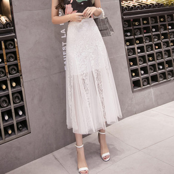 Модерна дамска дантелена дълга пола с висока талия в два цвята